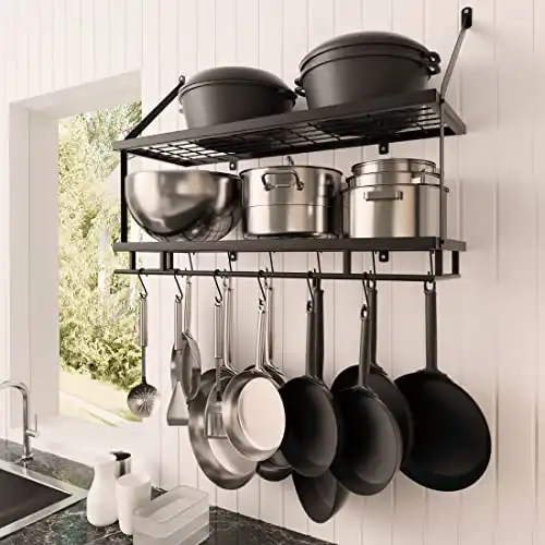 KES 30-Inch Kitchen Pot Rack Mounted Hanging Rack for Kitchen Storage and Organization- Matte Black 2-Tier Wall Shelf for Pots and Pans with 12 Hooks KUR215S75B-BK