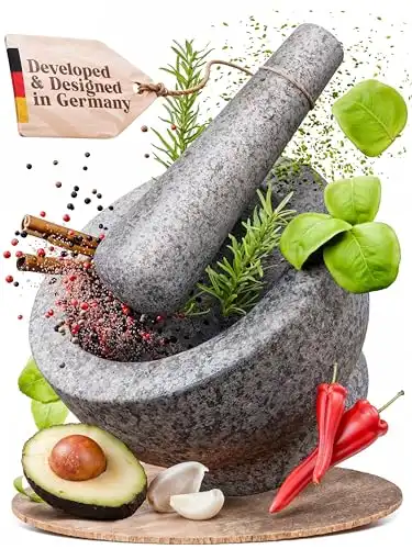 ChefSofi Mortar and Pestle Set - 6 Inch - 2 Cup Capacity - Unpolished Heavy Granite for Enhanced Performance and Organic Appearance - Included: Anti-Scratch Protector