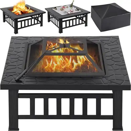 Yaheetech Multifunctional Fire Pit Table 32in Square Metal Firepit Stove Backyard Patio Garden Fireplace for Camping, Outdoor Heating, Bonfire and Picnic