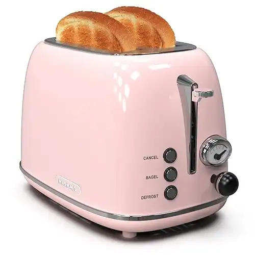 Toaster 2 slice,Retro Stainless Steel Toaster with 6 Settings, 1.5 In Extra Wide Slots, Bagel/Defrost/Cancel Function, Removable Crumb Tray (Baby pink)