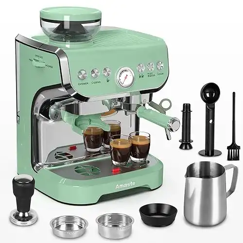 Amaste Espresso Machine with Grinder, 15 Bar Espresso Machine with Steam Wand for Latte and Cappuccino, 68Oz Water Tank, Pre-Infuse Brewing, Espresso Coffee Maker for Home Use, Barista Kit, Green