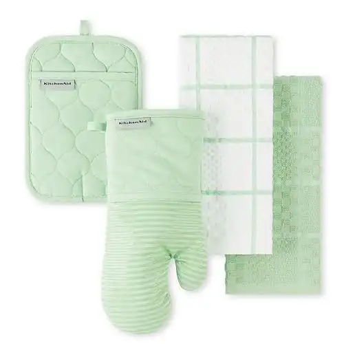 KITCHENAID Quilted Cotton Terry Cloth Oven Mitt, Pot Holder, Kitchen Towel 4-Pack Set, Heat Resistant, Silicone Grip, Gift Set, Pistachio, 16″x26″, 7″x13″ & 7″x10″