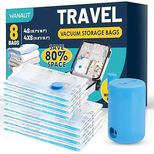 Vacuum Storage Bags for Travel, 8 Pack (4S+4XS) Vacuum Seal Bags with Wireless Rechargeable Electric Pump, Travel Essentials Space Saving Bags for Clothes, Luggage, Carry-on Suitcase, Backpack, Trip