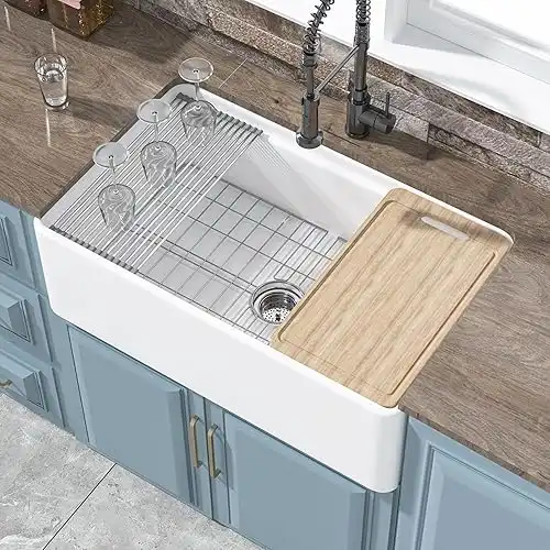 Farmhouse Sink Workstation 33 x 20 Inch, Single Bowl Farm Sink,White Apron Sink,Fireclay Farmer Sink, Undermount Kitchen Sink Reversible (Sleek & Fluted Optional),4 Accessories, for Kitchen