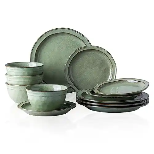 AmorArc Ceramic Dinnerware Sets,Stoneware Handmade Reactive Glaze Plates and Bowls Sets,Chip and Crack Resistant | Dishwasher & Microwave Safe,Dishes Set Service for 4 (12pc)