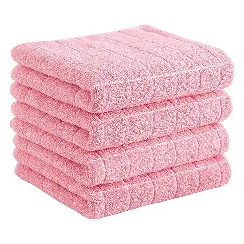 Homaxy 100% Cotton Terry Kitchen Towels(Pink, 13 x 28 inches), Checkered Designed, Soft and Super Absorbent Dish Towels, 4 Pack