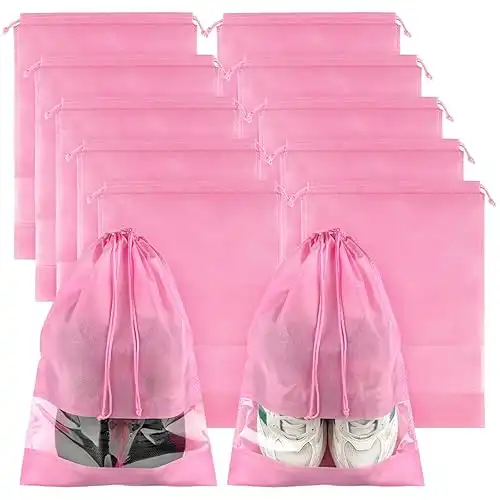 Shoe Bags for Travel, 10 Pcs Large Pink Travel Shoe Bags for Packing, Non-Woven Drawstring Travel Shoe Storage Bag with Clear Window, Travel Shoe Bags for Packing for Men Women 12.6" X 17.3"