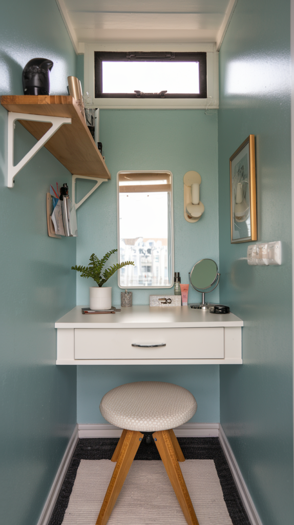 A photo of a compact vanity room in a tiny apartment. The room has a white vanity with a mirror, a small plant, and a few cosmetic products. The walls are painted in a light blue shade. There is a wooden shelf above the vanity, holding a few items. The floor is covered with a white rug. The room has a small window near the ceiling.