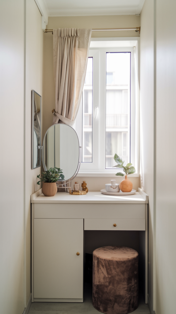 A photo of a compact vanity room in a tiny apartment. The room has a white vanity with a mirror and a few decorative items. There's a small plant on the vanity. The room has a window with curtains, allowing natural light to enter. The walls and floor are painted in light colors.