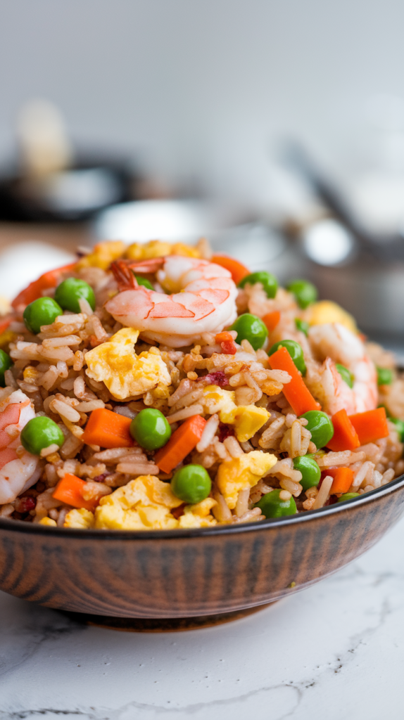 A bowl of shrimp fried rice with peas and carrots, garnished with green onions.