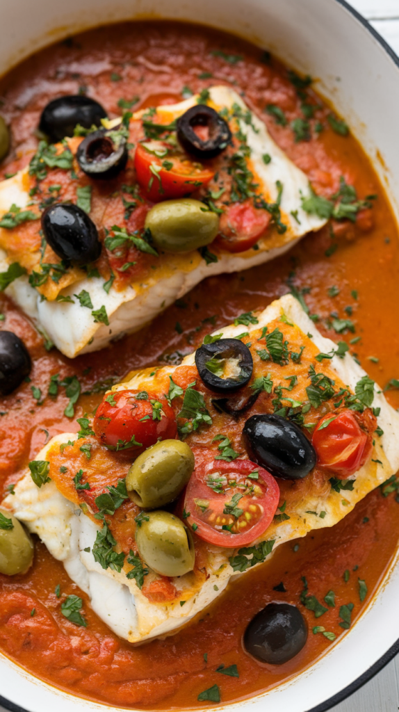 Mediterranean Cod with tomatoes and olives