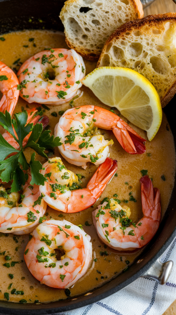 Plate of garlic butter shrimp garnished with lemon and parsley