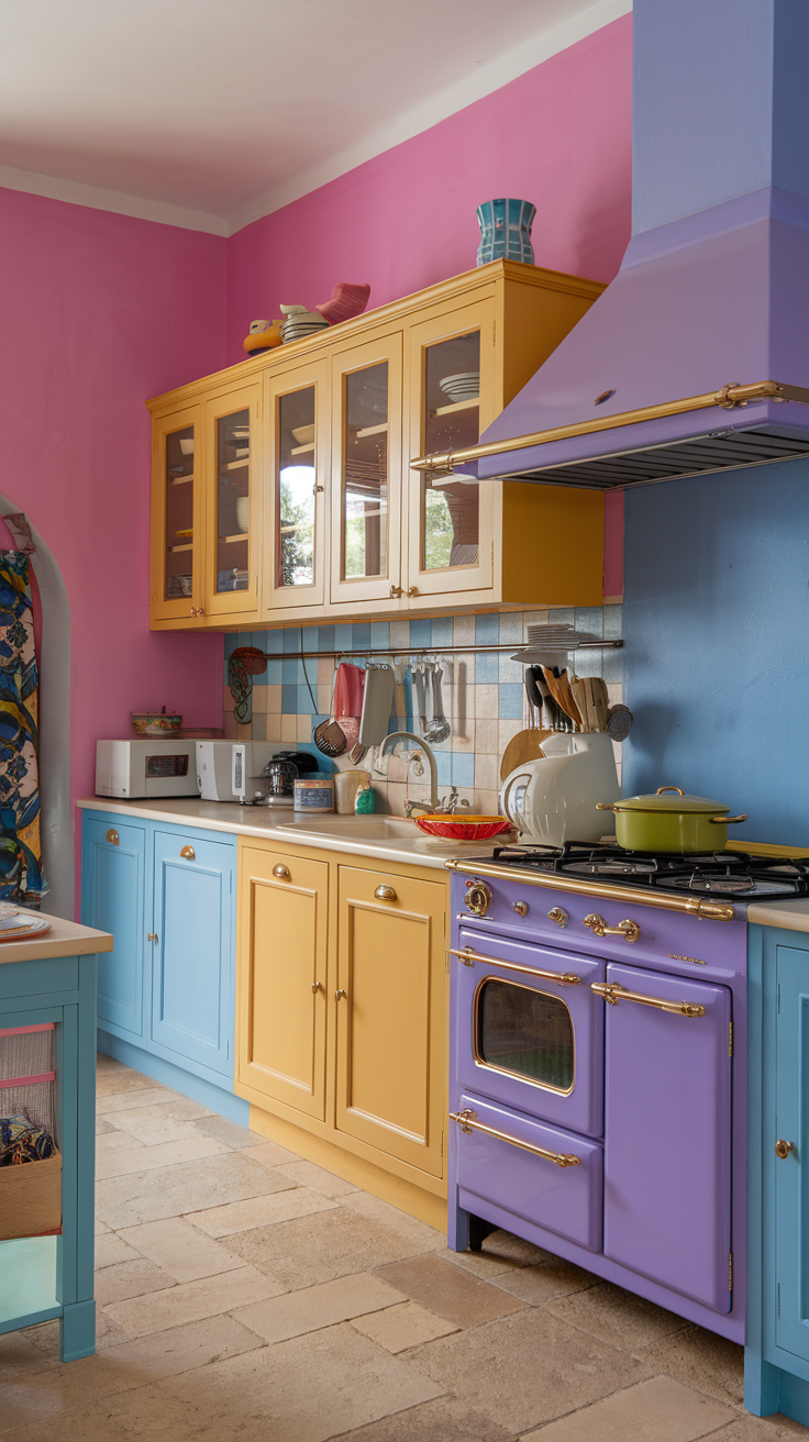 A colorful kitchen featuring pink, blue, yellow, and purple elements with modern design.