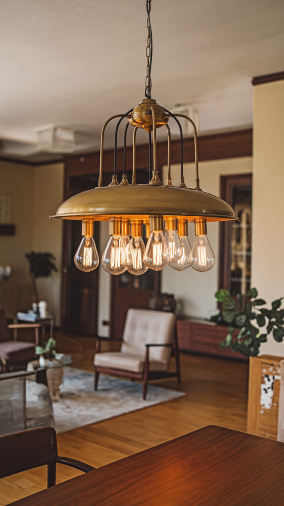 A modern pendant light fixture illuminating a room