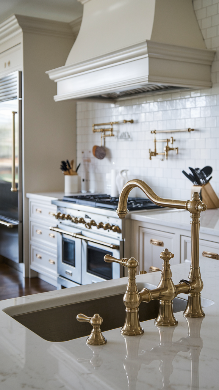 A close-up view of a brass faucet and stylish overhead light in a kitchen.