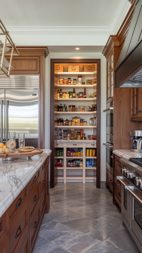 Interior of a well-organized walk-in pantry with shelves filled with jars and containers