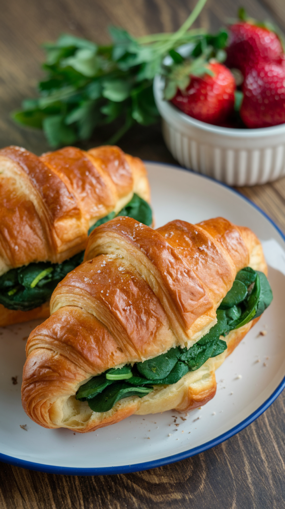 Flaky spinach and feta stuffed croissants on a plate