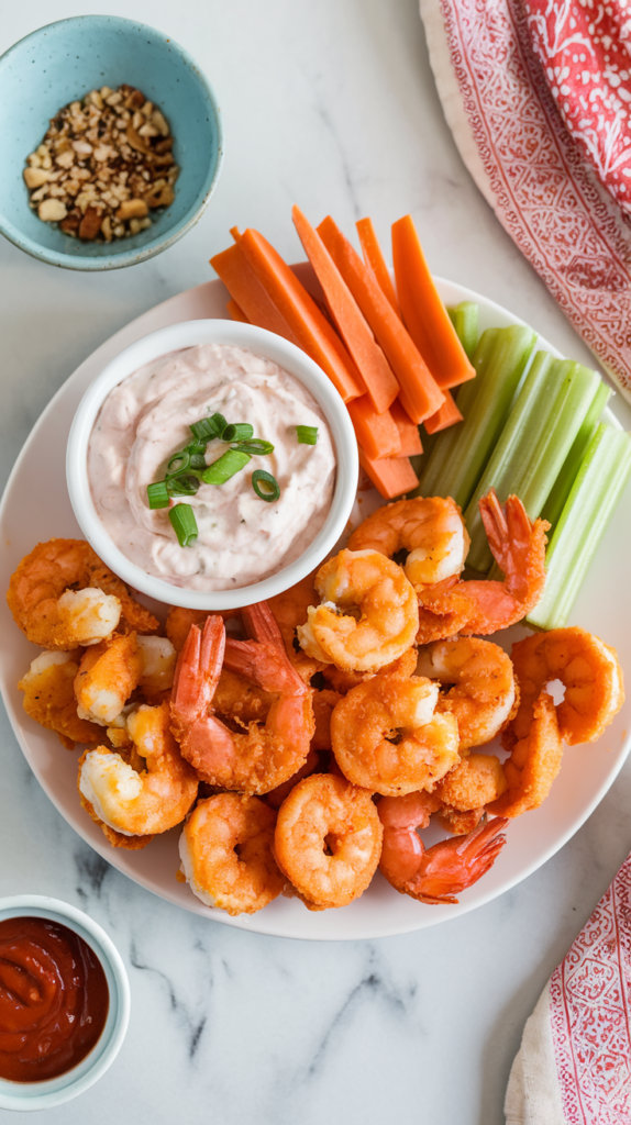 Buffalo shrimp served with blue cheese dip and celery sticks.