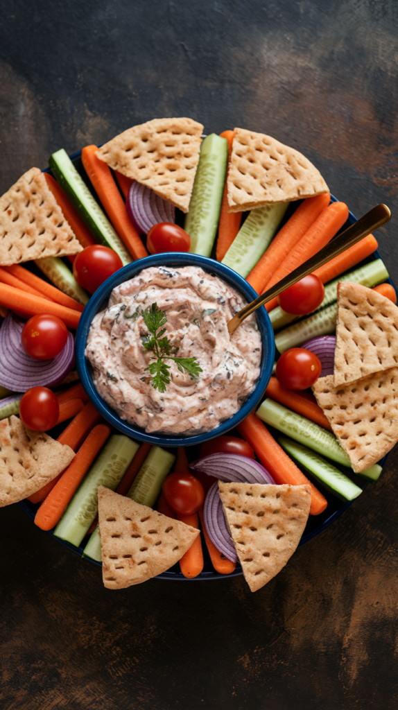 A classic hummus and pita plate with fresh vegetables.