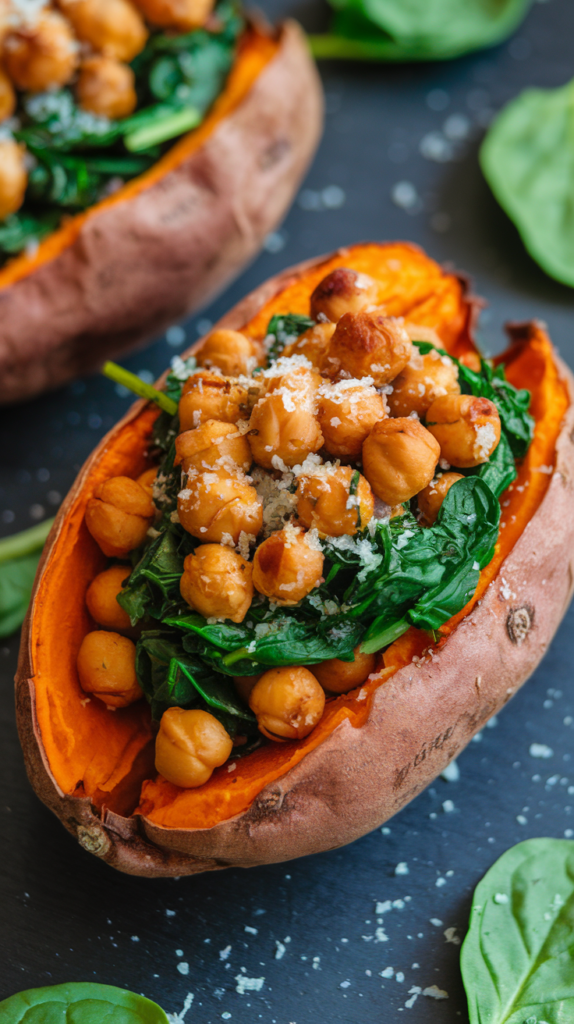 Stuffed sweet potatoes filled with chickpeas and spinach