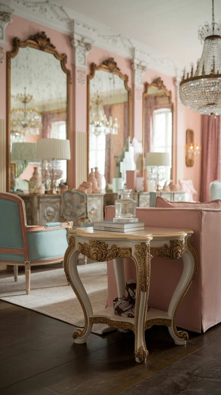 An elegant Rococo-style side table with intricate carvings, a lamp, and a framed photo beside a plush sofa.