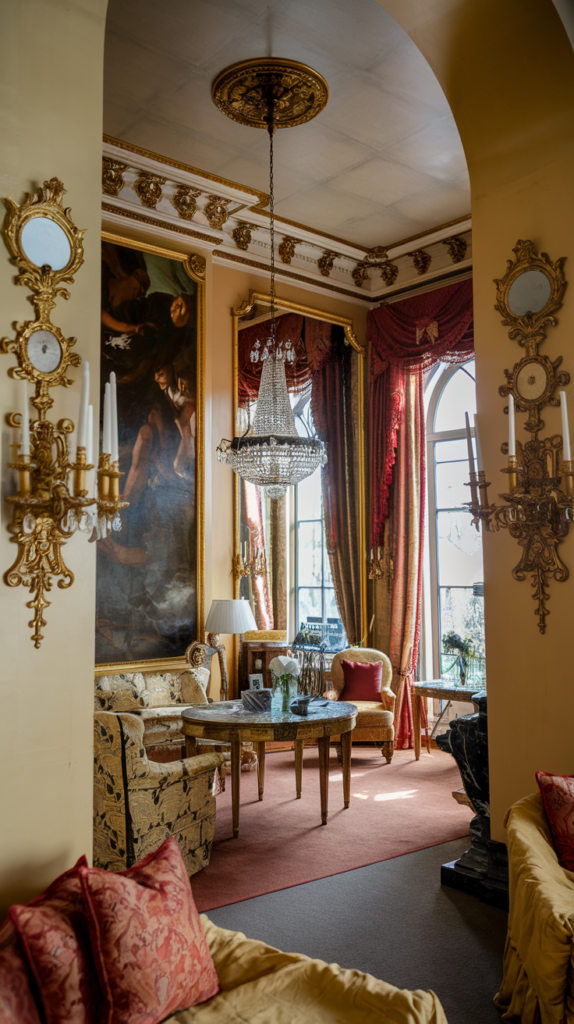 An elegant Rococo living room featuring ornate wall sconces, plush seating, and decorative elements.