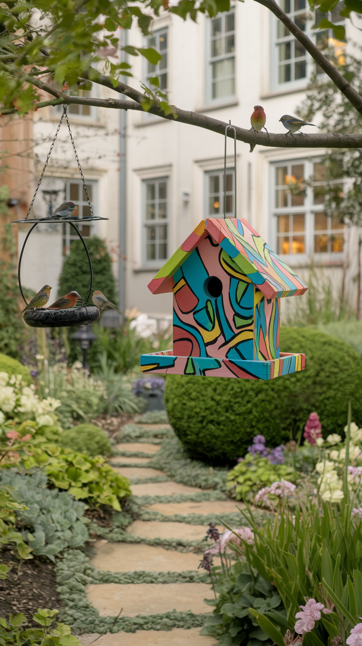 Artistic birdhouses and feeders hanging in a lush garden.