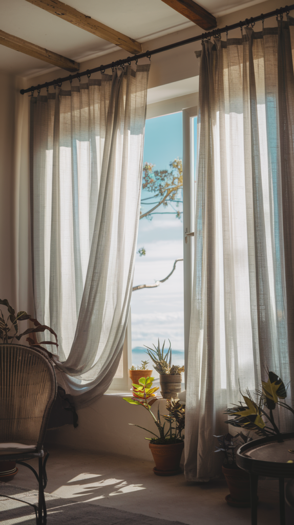 Light, airy curtains framing a window with sunlight illuminating the room.