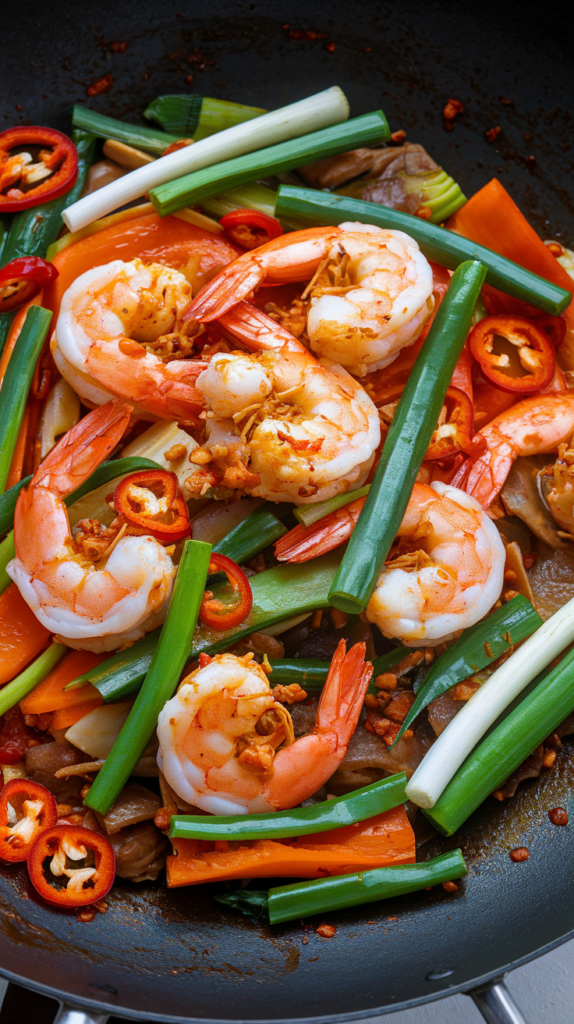 A colorful and vibrant Spicy Shrimp Stir-Fry with various vegetables.