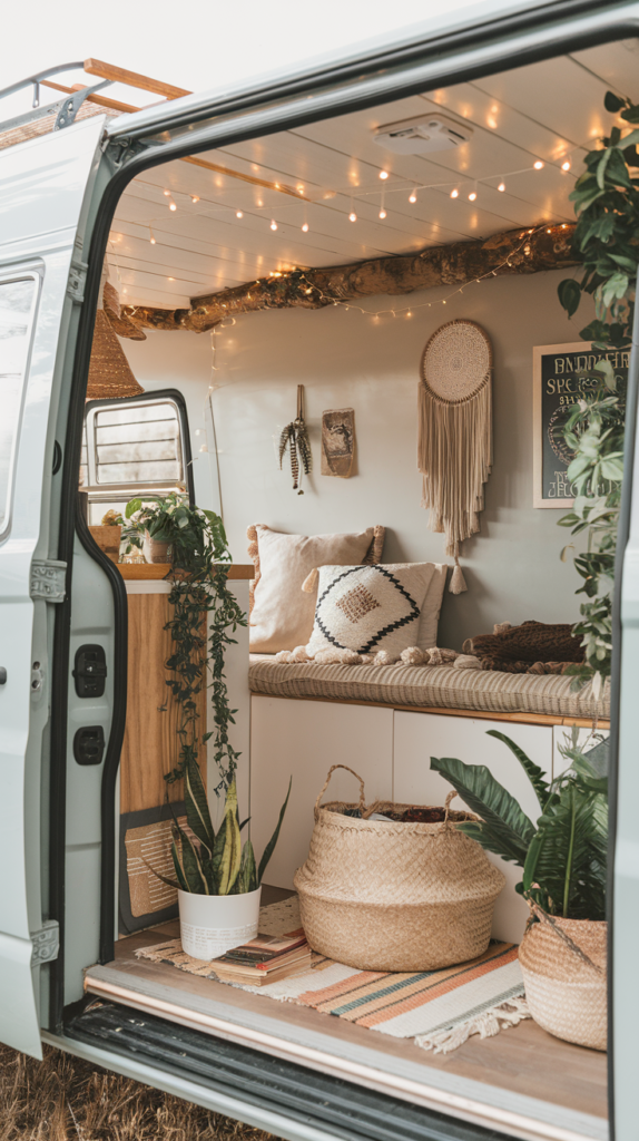 Cozy boho interior of a van