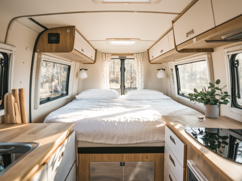 Interior of a van with double bed