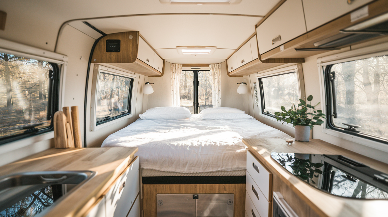 Interior of a van with double bed