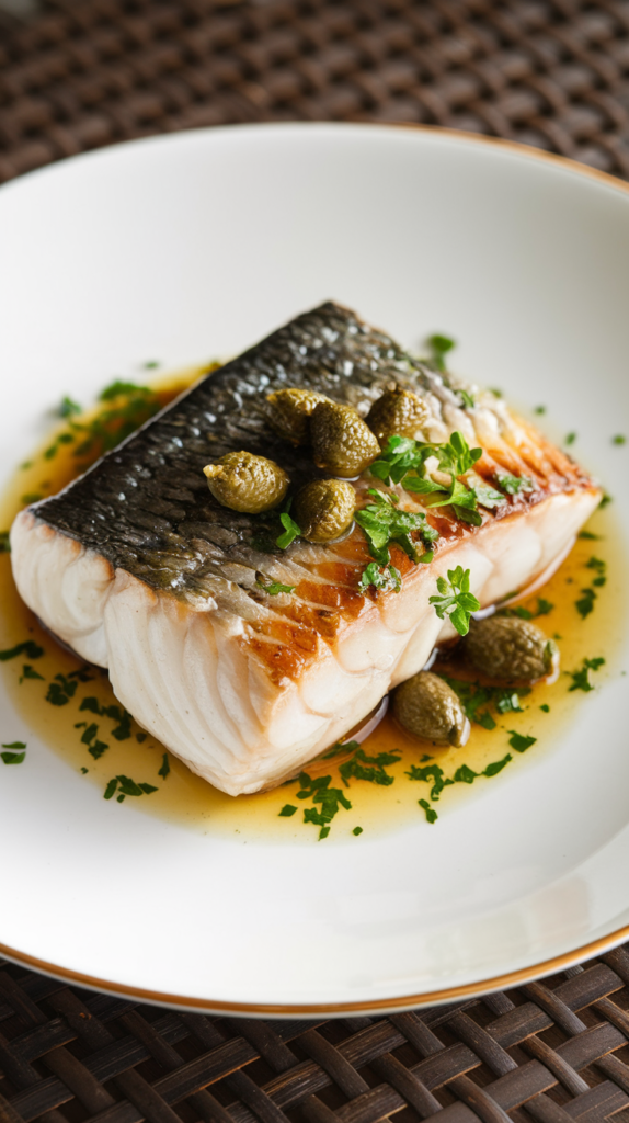 Plate of cod piccata with capers, lemon slices, and pasta