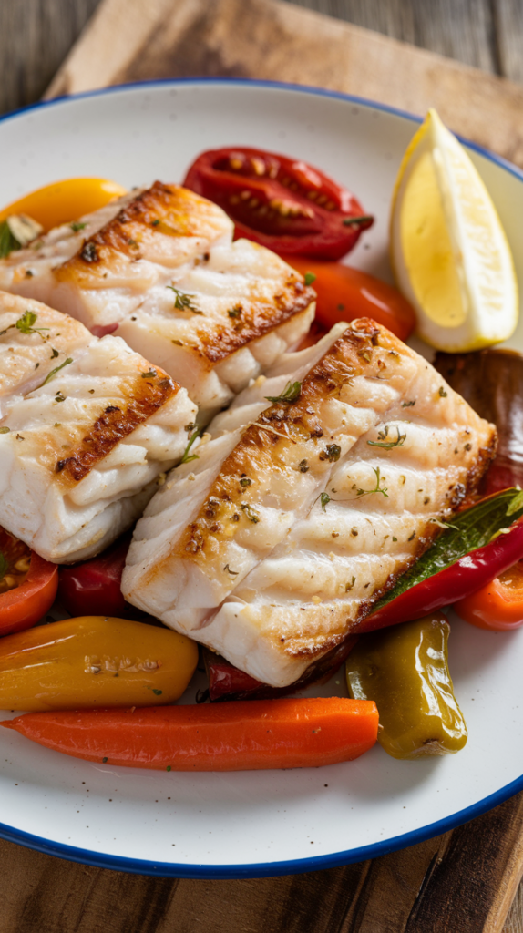 A delicious plate of cod with roasted vegetables including green beans, cherry tomatoes, and bell peppers.