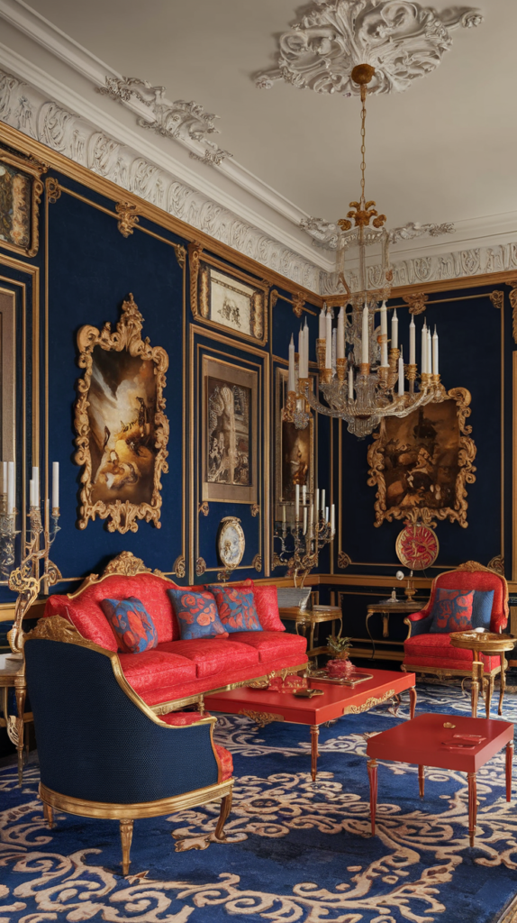 A Rococo-style living room featuring deep blue walls, a red sofa, gold accents, and intricate decorations.