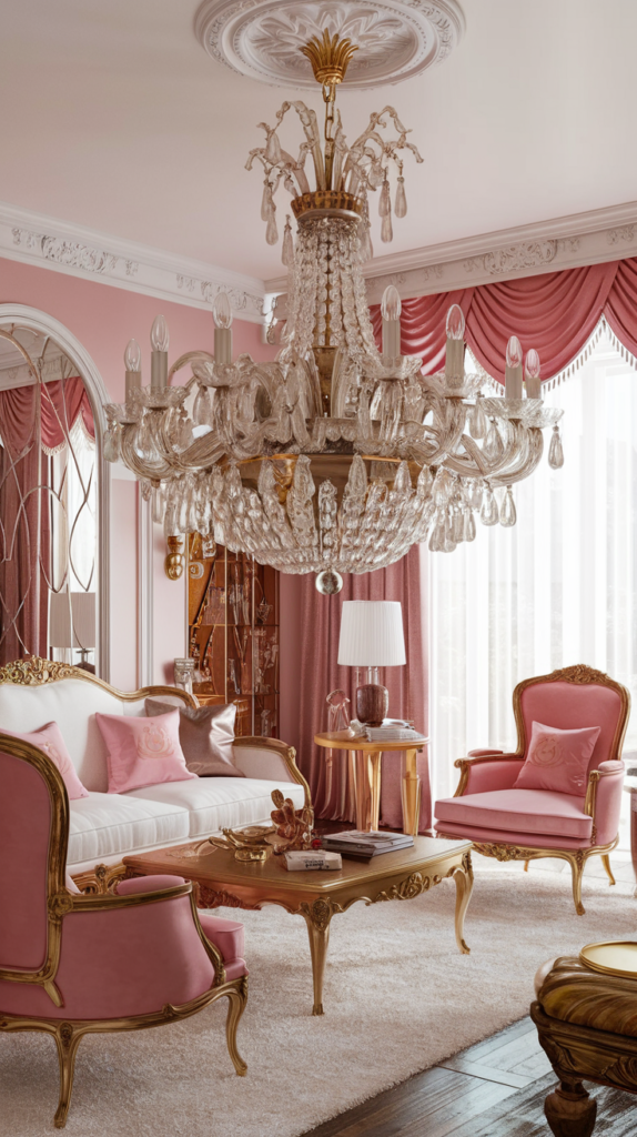 An ornate Rococo chandelier made of crystal and gold, illuminating a luxurious living room with rich decor.