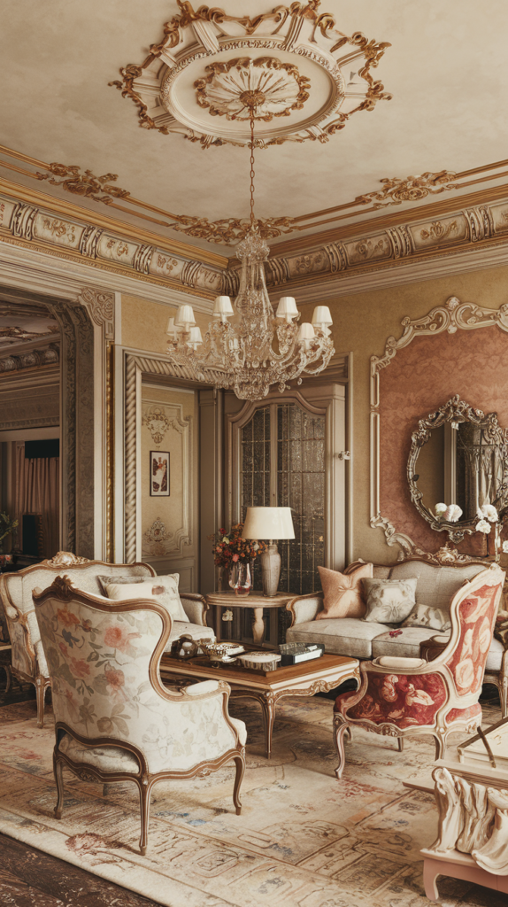 A luxurious Rococo living room featuring intricate architectural details and elegant decor.