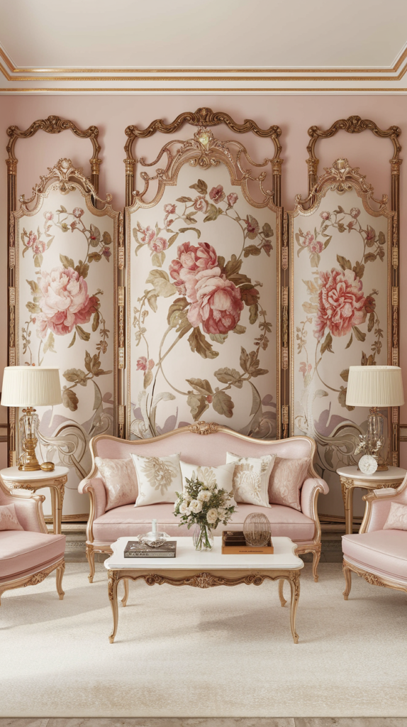 A beautifully ornate Rococo decorative screen with golden accents and floral designs in a stylish living room.