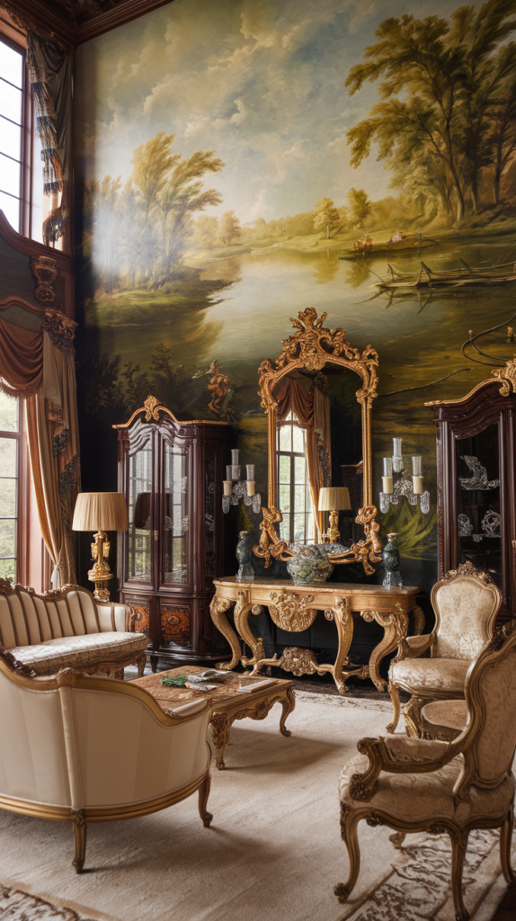 A luxurious Rococo living room featuring elegant porcelain figures, paintings, and floral arrangements.