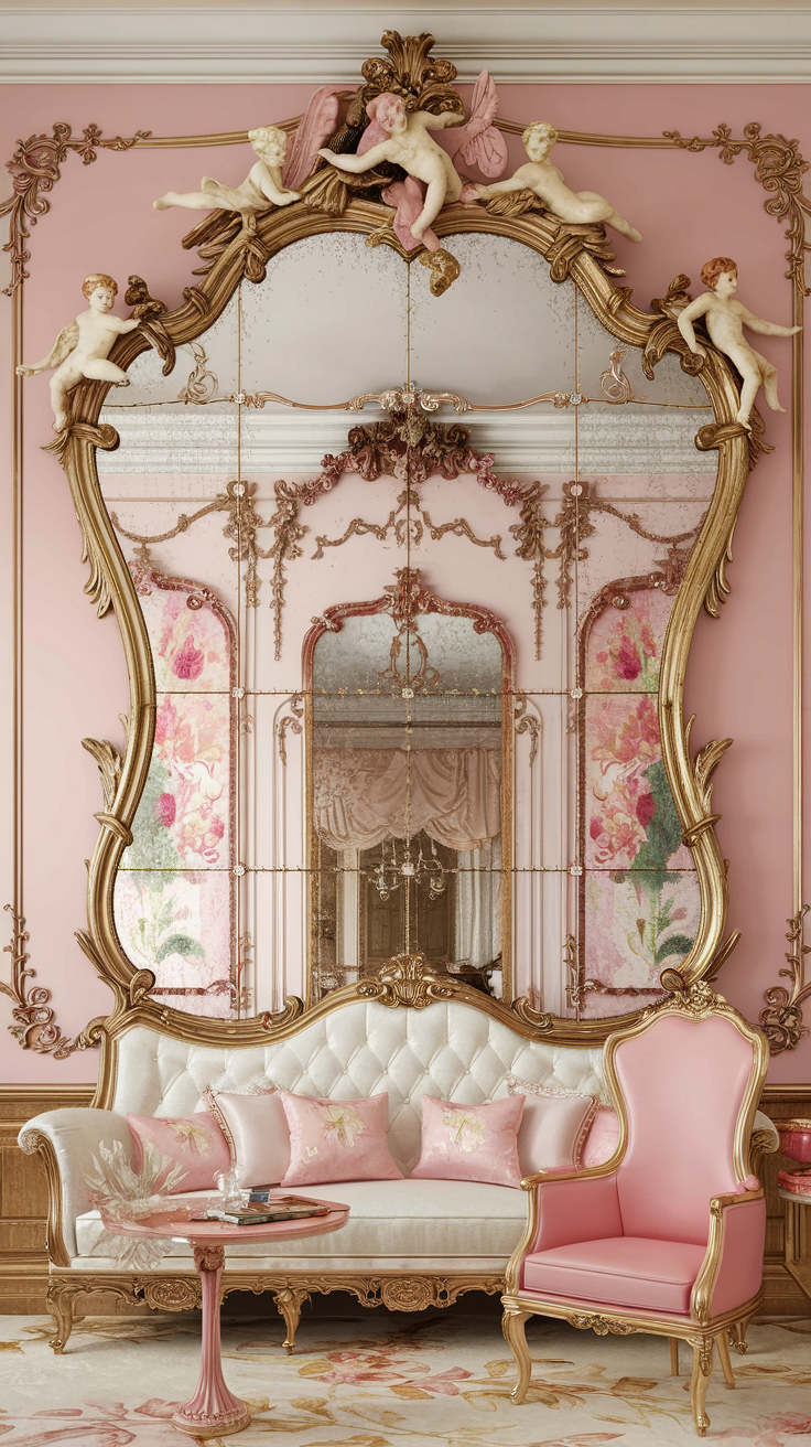 Elegant Rococo living room featuring intricate furniture with curves and carvings, floral upholstery, and ornate ceiling details.