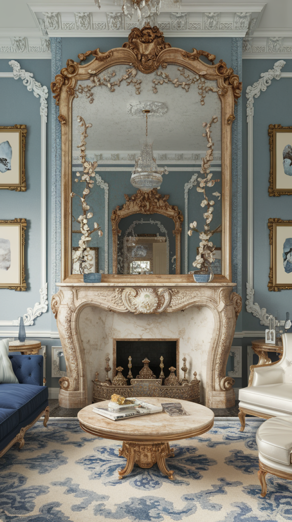 A Rococo style living room with an ornate fireplace, detailed wall decor, and elegant furniture.