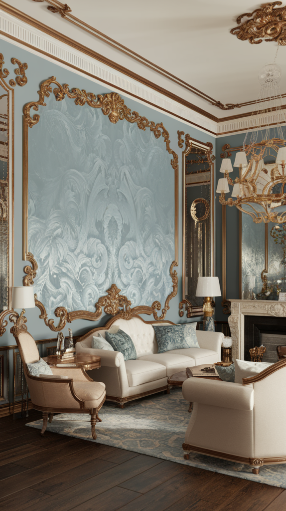 A living room with Rococo patterned accent wall, ornate ceiling, and elegant furniture.