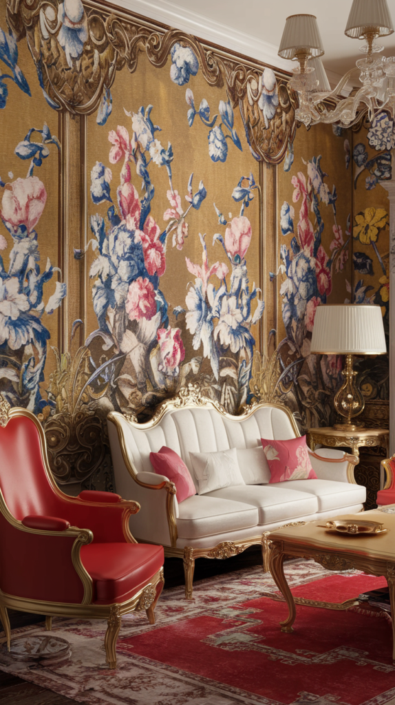 A Rococo style living room featuring textured wallpaper, an ornate mirror, and elegant furniture.