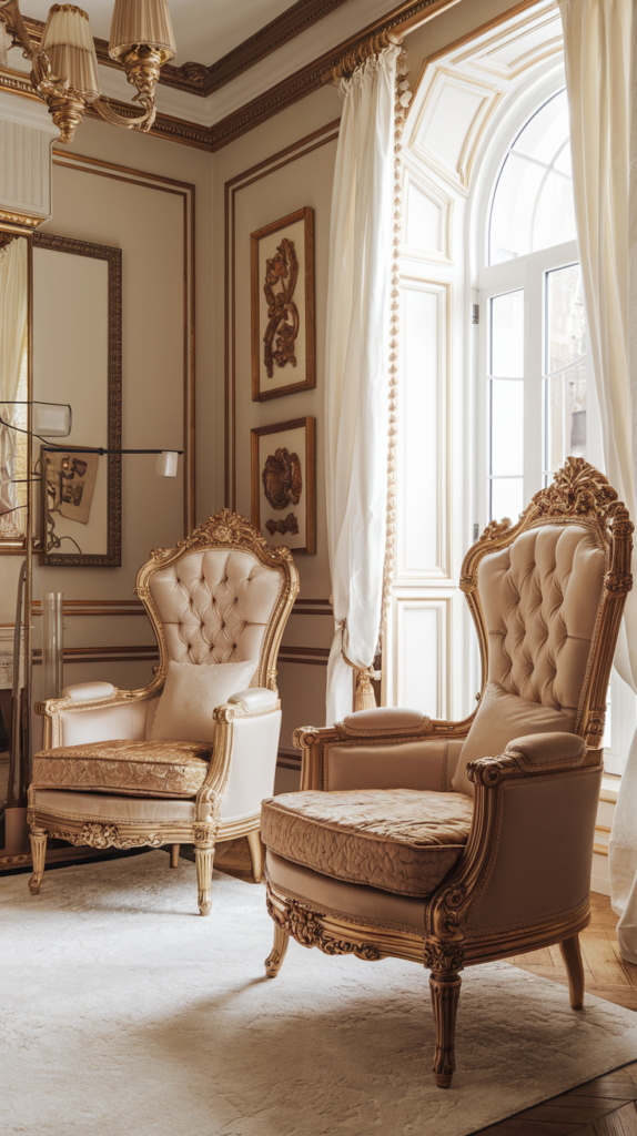 Two ornate Rococo accent chairs with gold detailing and blue-green upholstery, set against dark wood paneling.