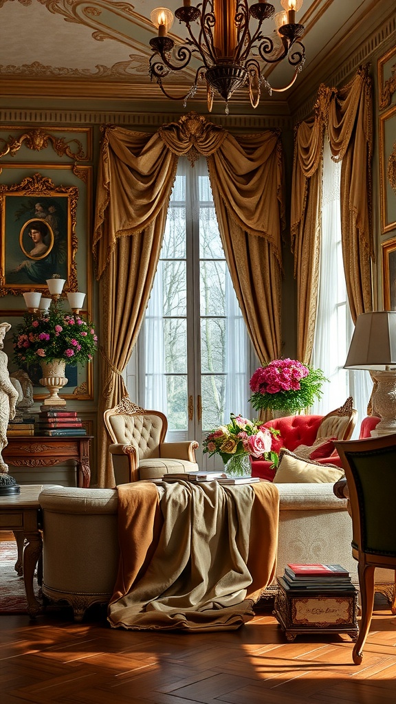 A beautifully styled Rococo living room featuring rich textiles, elegant furniture, and vibrant floral arrangements.