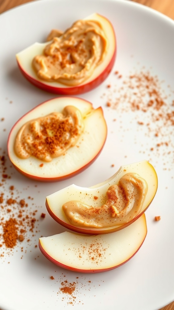 Almond butter spread on apple slices with a sprinkle of cinnamon.