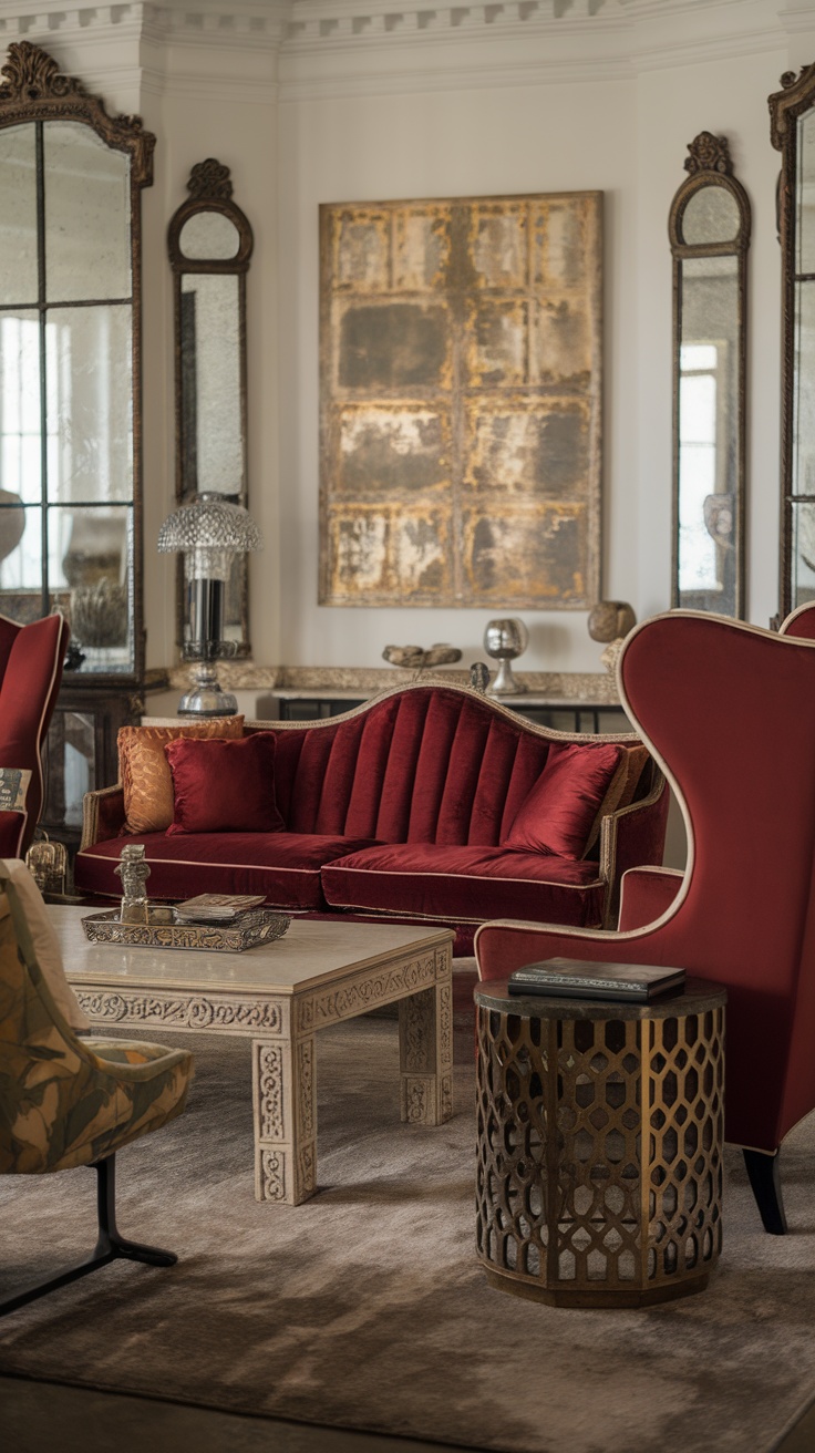 A luxurious modern Victorian living room featuring a velvet sofa, ornate coffee table, and elegant decor.