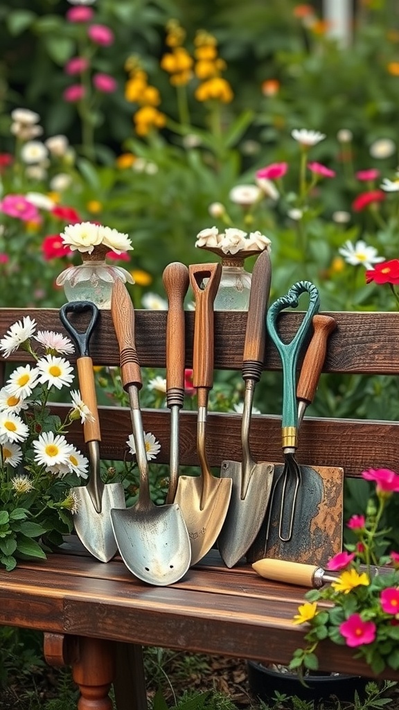 A collection of vintage garden tools displayed on a wooden bench surrounded by colorful flowers.