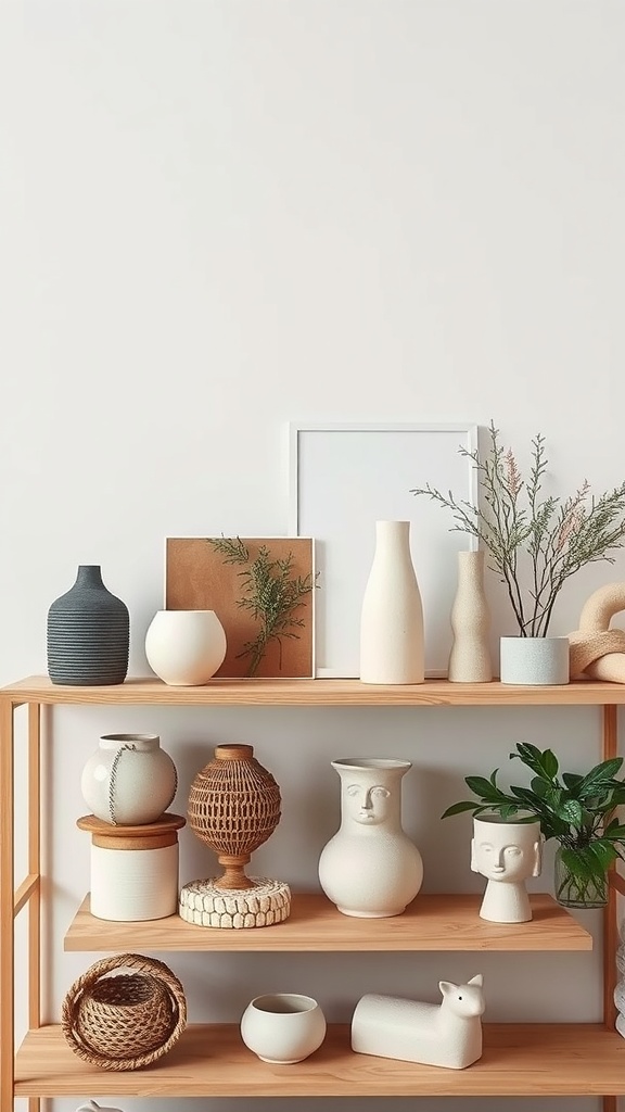 A display of artisan-made accessories including vases, baskets, and plants on a wooden shelf.