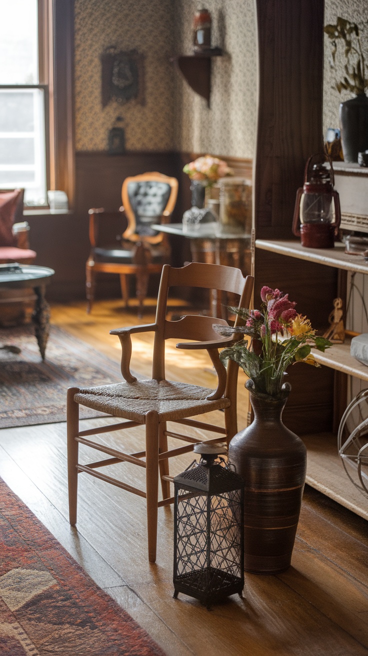 A cozy modern Victorian living room with artisanal decor items including a wooden chair, a vase of flowers, and a decorative lantern.